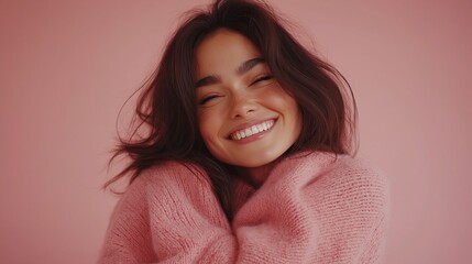 Young woman smiling in soft pink sweater, cozy and cheerful vibes
