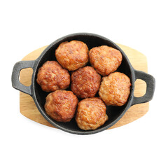 Tasty meatballs in baking dish isolated on white, top view