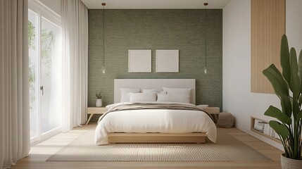 Modern Luxury Home Interior Bedroom Design with Mockup Frame , Wall, lamp, table, Poster(3d Render)
