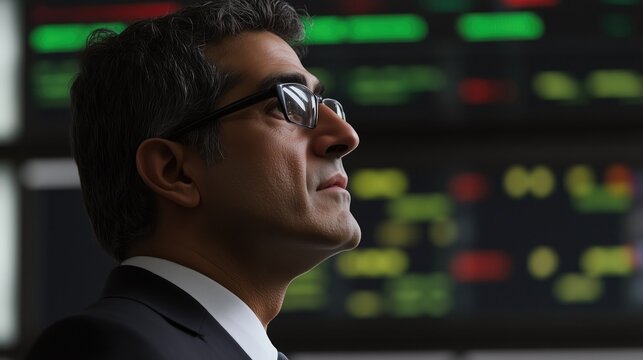 A focused businessman in a suit, gazing thoughtfully at digital market data, symbolizing determination and strategic planning in finance.
