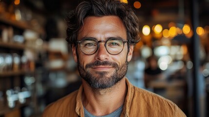 Obraz premium A warm smile lights up the face of a man in glasses, sitting in a stylish cafe. Soft lights create a welcoming atmosphere, as he engages with the lively environment around him
