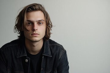 Fototapeta premium Portrait of a Young Man with Long Hair in a Casual Black Jacket Against a Neutral Background