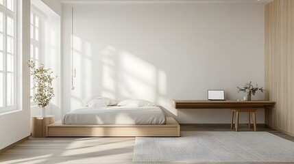 Modern Luxury Home Interior Bedroom Design with Mockup Frame , Wall, lamp, table, Poster(3d Render)