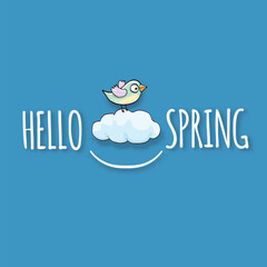Hello spring label with spring birds and flowers on blue spring sky background. Hello spring simple clip art cut paper style illustration design template © zmiter