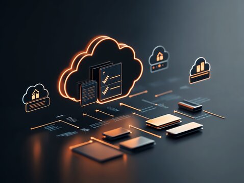 Futuristic cloud computing graphic highlighting connectivity, storage, and data security.