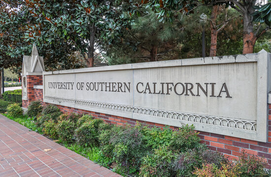The University of Southern California (USC) sign at entrance of campus in Los Angeles, California. USC is the oldest private research university in California.