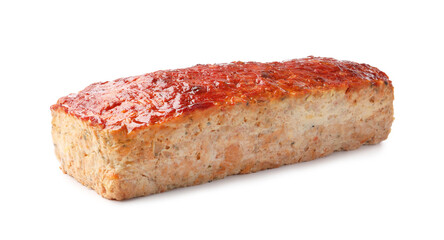 Delicious baked turkey meatloaf isolated on white