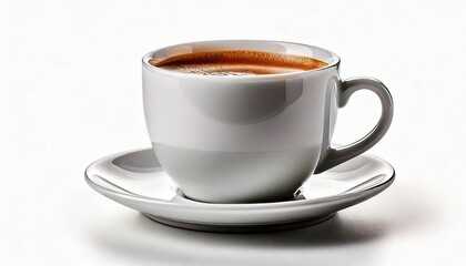 Warm coffee served in a white cup with a saucer on a neutral background