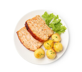 Delicious baked turkey meatloaf, potatoes and lettuce isolated on white, top view