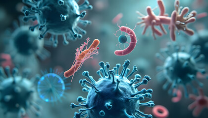 3D Render of Virus Cells in Microscopic View