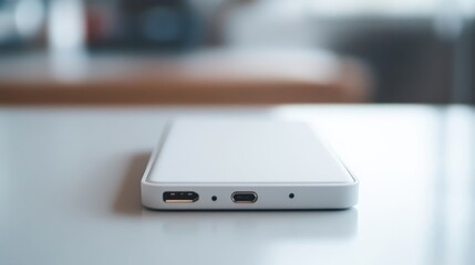 Close-up of a portable charger for travel on a clean white surface, perfect for tech accessory product promotions.