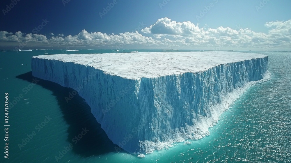 Poster an enormous iceberg towers above the calm sea, its pristine blue ice contrasting with the turquoise 