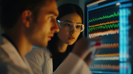 Scientists in a laboratory setting focus on analyzing complex data displayed on digital screens. The environment is filled with advanced technology, highlighting a scientific research atmosphere