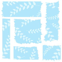 Set of blue semi-transparent washi tapes with pattern isolated on white. Tapes collection in vector. Pieces of decorative tape for scrapbooks. Torn paper. Spring, summer