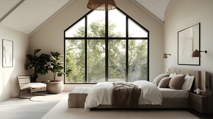 Modern Luxury Home Interior Bedroom Design with Mockup Frame , Wall, lamp, table, Poster(3d Render)