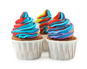 Tasty cupcakes with colorful cream isolated on white