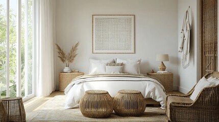 Modern Luxury Home Interior Bedroom Design with Mockup Frame , Wall, lamp, table, Poster(3d Render)