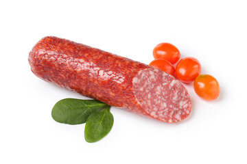 Piece of delicious smoked sausage with basil and tomatoes isolated on white