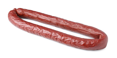 Delicious thin smoked sausage isolated on white