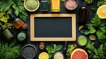 Natural Skincare Ingredients with Blank Chalkboard