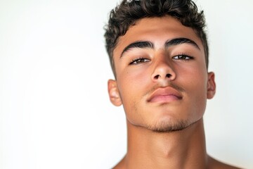 Obraz premium Confident Young Man with Curly Hair Posing Against a Neutral Background