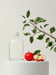 Transparent Bottle on Podium with Apples and Branch