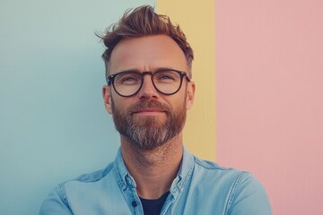 Fototapeta premium Confident Man with Glasses Against a Colorful Background
