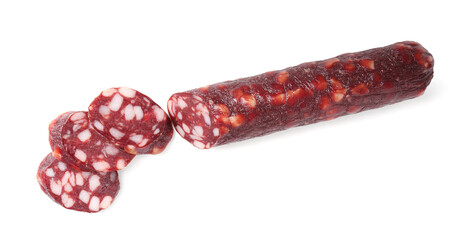 Delicious dry cured sausage isolated on white, top view
