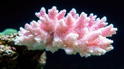 Pink coral reef aquarium close-up, dark background