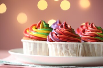 Delicious cupcakes with colorful cream on table against pink background, closeup. Bokeh effect
