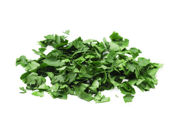 Obraz premium Pile of chopped parsley leaves on white background