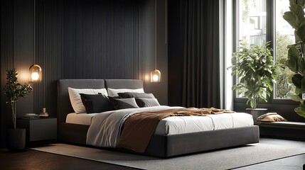 Modern Luxury Home Interior Bedroom Design with Mockup Frame , Wall, lamp, table, Poster(3d Render)