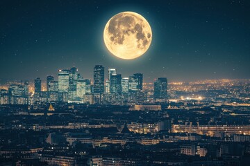 Obraz premium Giant moon coin overlooking city skyline at night urban landscape aesthetic