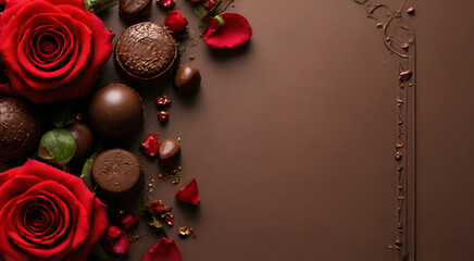 Valentine's Day chocolate background with elegant red roses. There is space for your text or personal branding. Perfect for romantic themed designs, advertisements and greeting card templates.