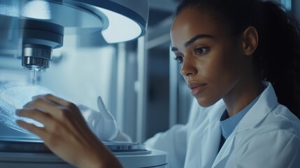 Scientist in a lab coat focuses intently on analyzing data using advanced laboratory equipment, highlighting precision and dedication in scientific research and technology