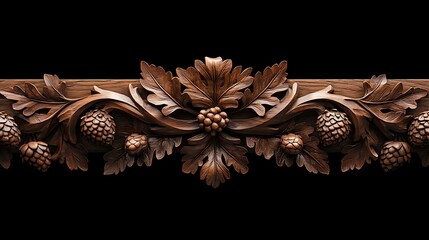 Intricate wooden carving featuring leaves and pinecones against a black background