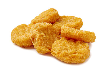 Pile of fried chicken nuggets on white background