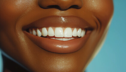 Close-up of a beautiful woman's smiling mouth with white teeth, against a blue background