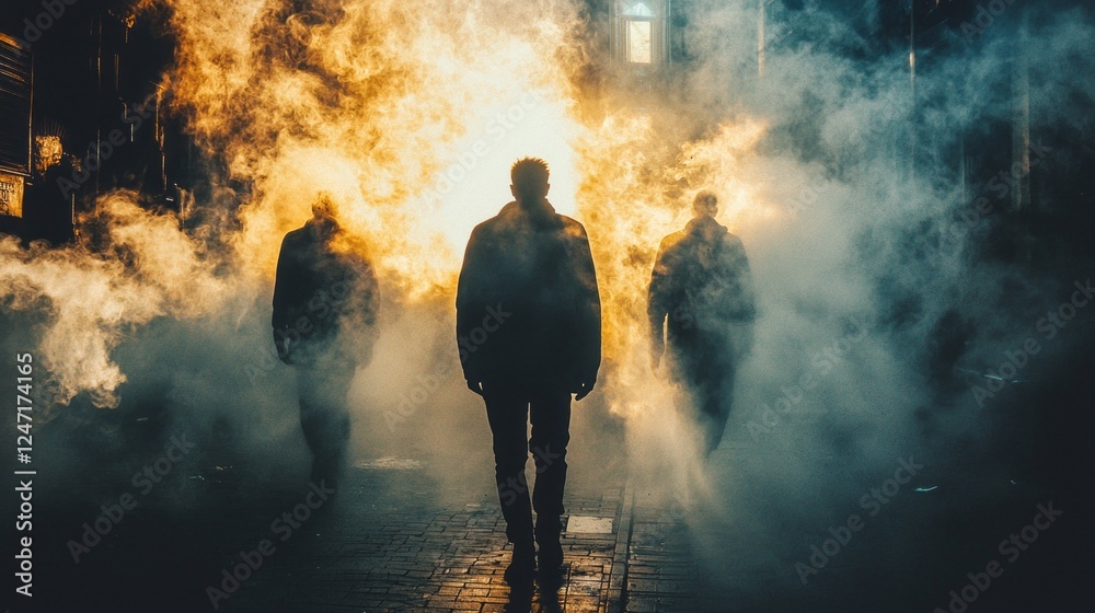 Poster Three dark figures wander through a fog-filled street, illuminated by an otherworldly light at dusk, creating a mystifying atmosphere of intrigue and solitude