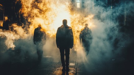 Obraz premium Three dark figures wander through a fog-filled street, illuminated by an otherworldly light at dusk, creating a mystifying atmosphere of intrigue and solitude
