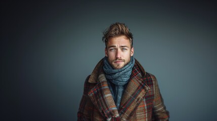 Fototapeta premium Trendy man in plaid coat, cozy winter fashion with scarf, stylish cold season attire, male portrait with teal background, confident model look, fashion studio style
