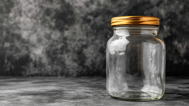 A clear glass jar with a golden lid, symbolizing purity and value, placed against an elegant, minimalist background. The simplicity of the scene conveys clarity and potential, with space for captionin