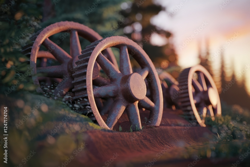 Poster rusty gears lie abandoned in a forest, bathed in the warm glow of sunset.