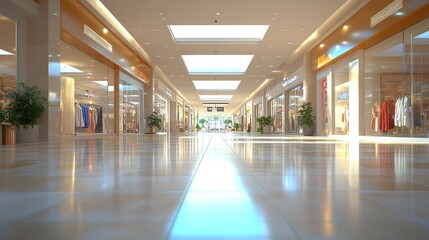 Bright mall corridor, shoppers stroll, shops display, sunlight