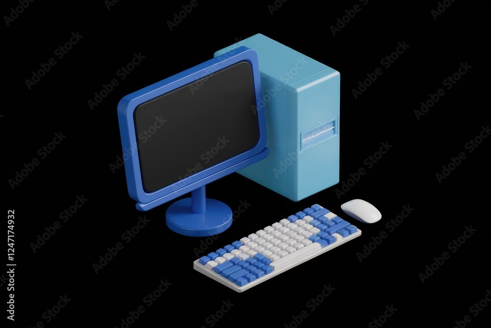 Poster a 3d-rendered blue desktop computer with monitor, keyboard, and mouse, isolated on a transparent bac
