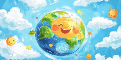 Naklejka premium Happy Earth Smiling Sun and Clouds in Sky