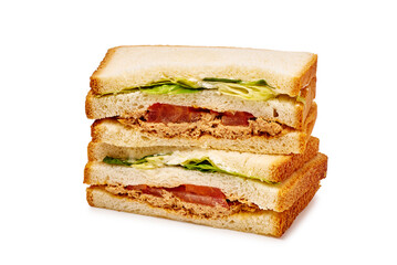 Korean style sandwich with tuna, leaf salad, tomato and mayonnaise on white background