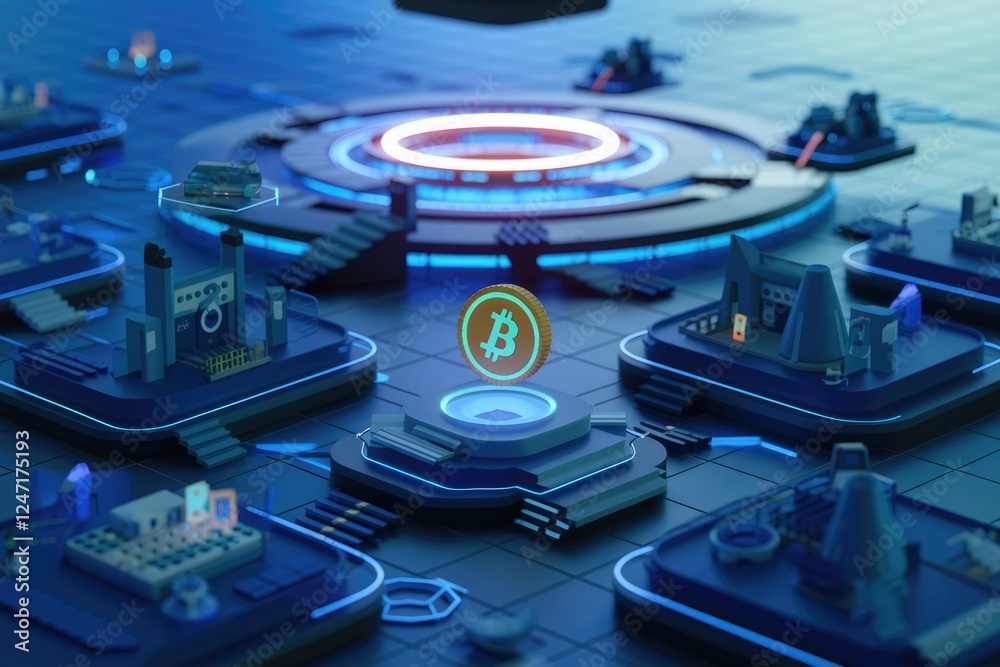 Poster Bitcoin's futuristic digital infrastructure, a decentralized network visualized with glowing nodes and interconnected elements.