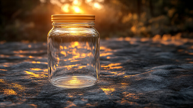A clear glass jar with a golden lid, symbolizing purity and value, placed against an elegant, minimalist background. The simplicity of the scene conveys clarity and potential, with space for captionin