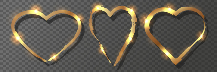 Glowing Gold Heart Frames on Transparent Background. Decorative elements for romantic design, greeting card, and invitation.
